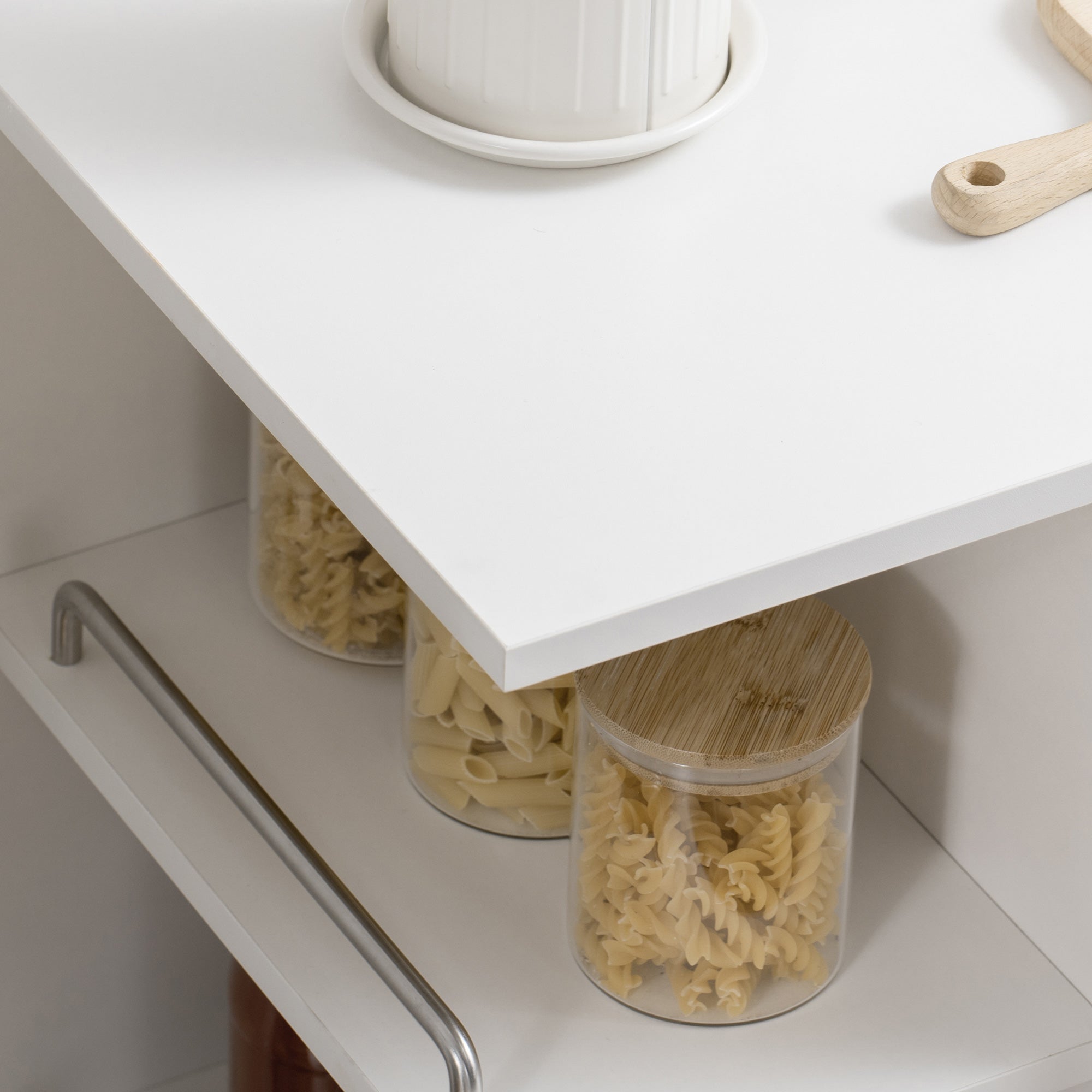 Kitchen Trolley, Service Cart, 360° Swivel Wheels, Shelves with Barriers, Central Kitchen Island, with Drawer, Shelves, Cupboard, 65 x 39 x 80 cm, White
