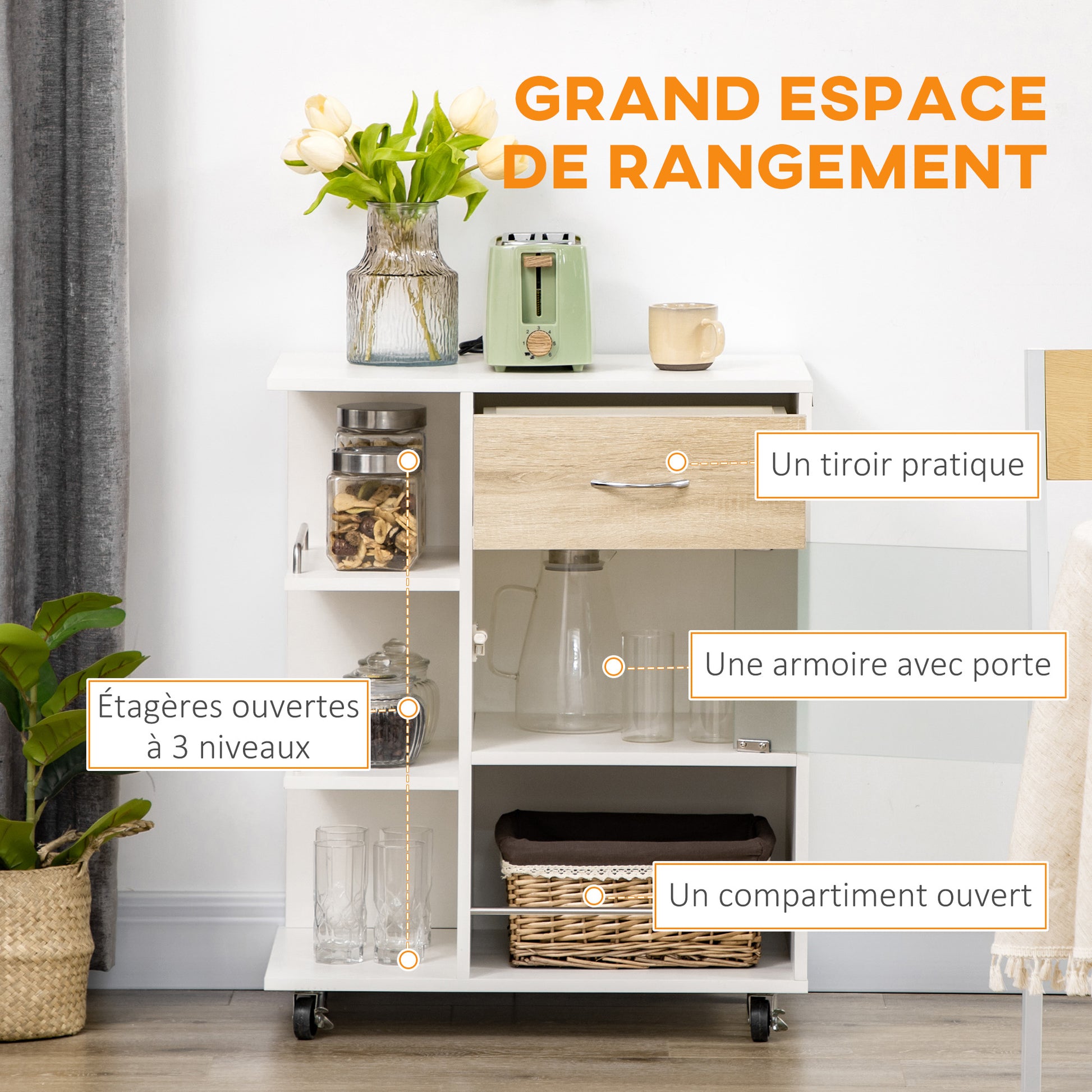Kitchen Trolley, Service Cart, 360° Swivel Wheels, Shelves with Barriers, Central Kitchen Island, with Drawer, Shelves, Cupboard, 65 x 39 x 80 cm, White