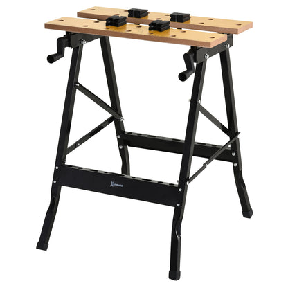 Folding Workbench Portable Work Table with 4 Clamps Holes for Saw Home Use Carpentry Iron MDF Supports 70 kg 56x62x75 cm Natural Black