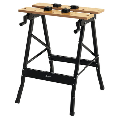 Folding Workbench Portable Work Table with 4 Clamps Holes for Saw Home Use Carpentry Iron MDF Supports 70 kg 56x62x75 cm Natural Black