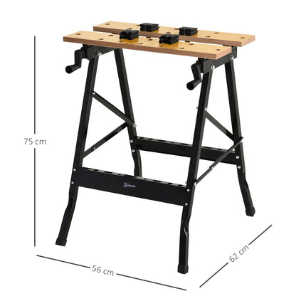 Folding Workbench Portable Work Table with 4 Clamps Holes for Saw Home Use Carpentry Iron MDF Supports 70 kg 56x62x75 cm Natural Black