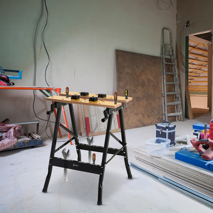 Folding Workbench Portable Work Table with 4 Clamps Holes for Saw Home Use Carpentry Iron MDF Supports 70 kg 56x62x75 cm Natural Black