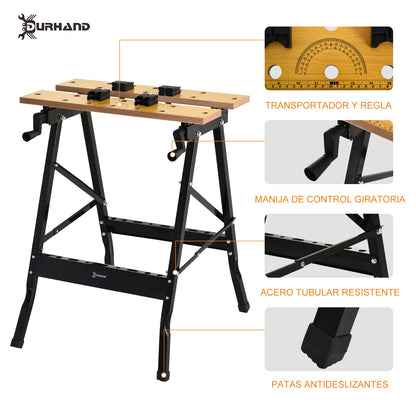 Folding Workbench Portable Work Table with 4 Clamps Holes for Saw Home Use Carpentry Iron MDF Supports 70 kg 56x62x75 cm Natural Black