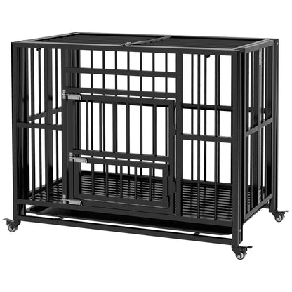 Dog Crate, Pet Cage, Foldable Dog House for Small and Medium Dogs, Dog Crate with Double Doors, Wheels, Steel, Black, 94 x 58 x 78 cm