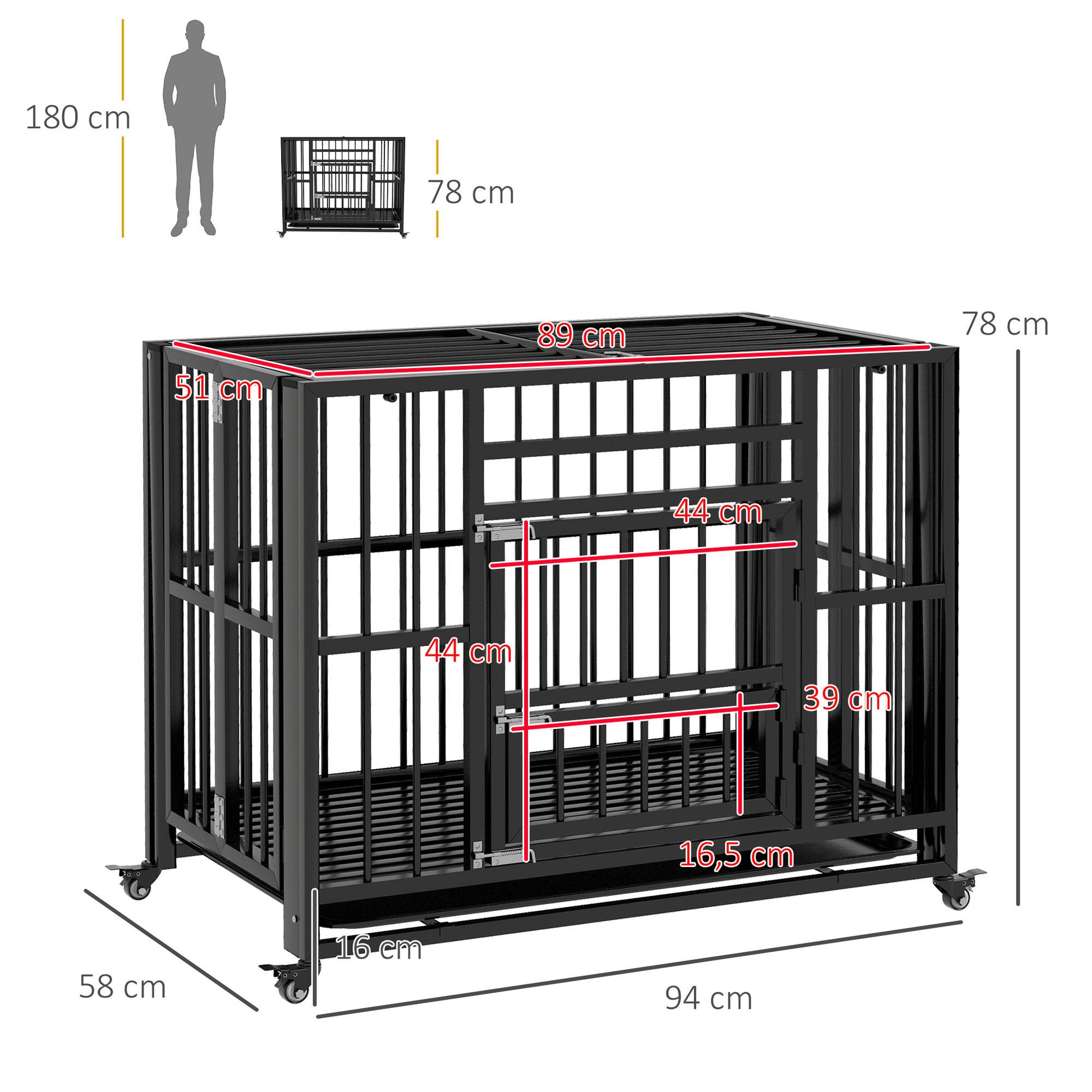 Dog Crate, Pet Cage, Foldable Dog House for Small and Medium Dogs, Dog Crate with Double Doors, Wheels, Steel, Black, 94 x 58 x 78 cm