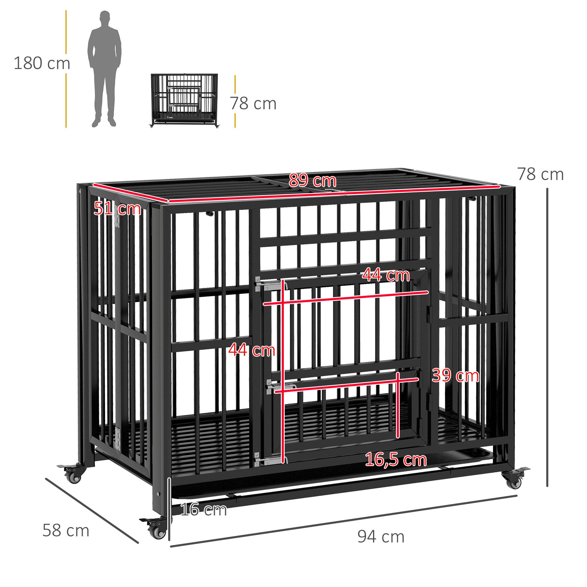 Dog Crate, Pet Cage, Foldable Dog House for Small and Medium Dogs, Dog Crate with Double Doors, Wheels, Steel, Black, 94 x 58 x 78 cm