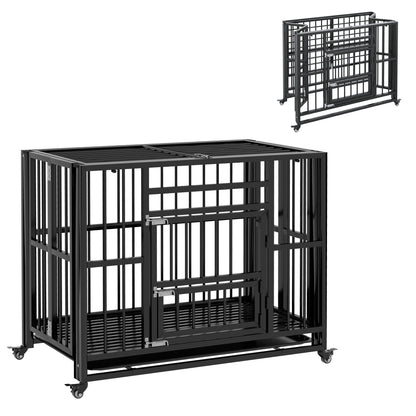 Dog Crate, Pet Cage, Foldable Dog House for Small and Medium Dogs, Dog Crate with Double Doors, Wheels, Steel, Black, 94 x 58 x 78 cm