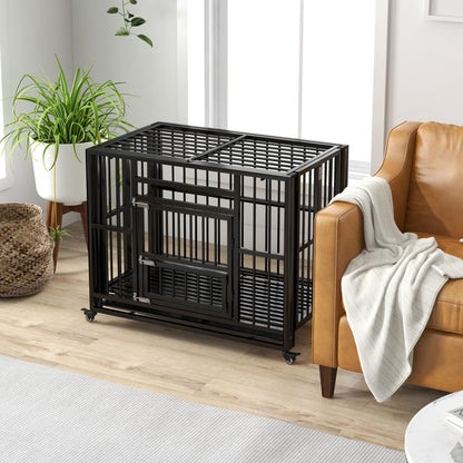 Dog Crate, Pet Cage, Foldable Dog House for Small and Medium Dogs, Dog Crate with Double Doors, Wheels, Steel, Black, 94 x 58 x 78 cm