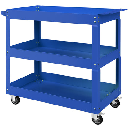 Tool Cart with Wheels Steel Workshop Cart with 3 Storage Shelves and Side Handle for Home Mechanic Garage Load 150 kg 83x35.3x76 cm Blue