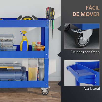 Tool Cart with Wheels Steel Workshop Cart with 3 Storage Shelves and Side Handle for Home Mechanic Garage Load 150 kg 83x35.3x76 cm Blue