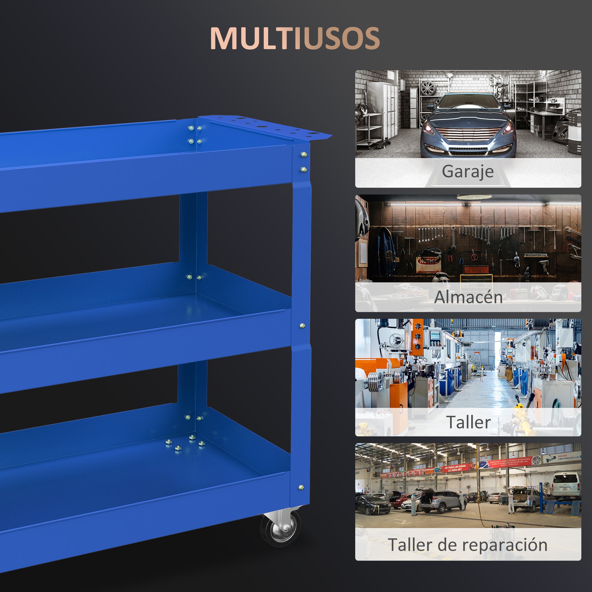 Tool Cart with Wheels Steel Workshop Cart with 3 Storage Shelves and Side Handle for Home Mechanic Garage Load 150 kg 83x35.3x76 cm Blue
