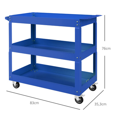 Tool Cart with Wheels Steel Workshop Cart with 3 Storage Shelves and Side Handle for Home Mechanic Garage Load 150 kg 83x35.3x76 cm Blue