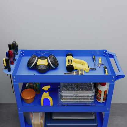 Tool Cart with Wheels Steel Workshop Cart with 3 Storage Shelves and Side Handle for Home Mechanic Garage Load 150 kg 83x35.3x76 cm Blue