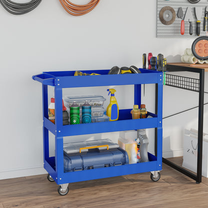 Tool Cart with Wheels Steel Workshop Cart with 3 Storage Shelves and Side Handle for Home Mechanic Garage Load 150 kg 83x35.3x76 cm Blue