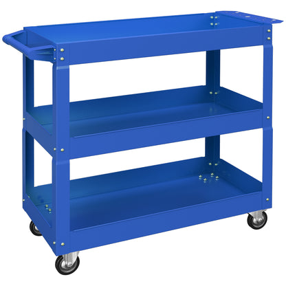 Tool Cart with Wheels Steel Workshop Cart with 3 Storage Shelves and Side Handle for Home Mechanic Garage Load 150 kg 83x35.3x76 cm Blue