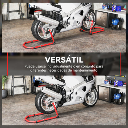 Universal Motorcycle Lift Stand 390 kg Load Combo Front and Rear Wheel Support Motorcycle with Adjustable U and L Fork Adapters and Wheels for Repair and Maintenance