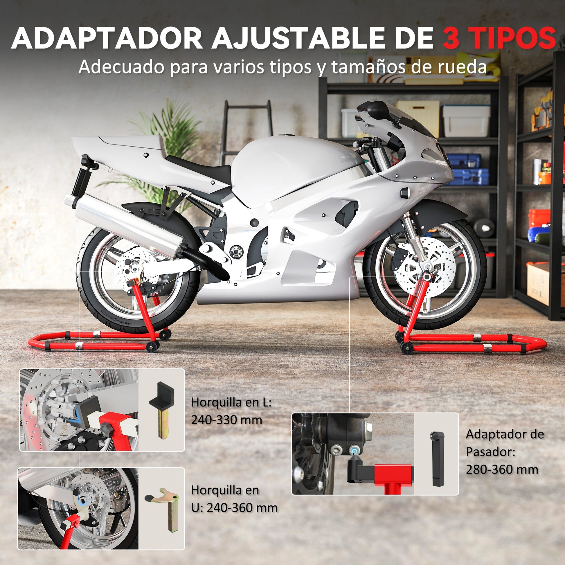 Universal Motorcycle Lift Stand 390 kg Load Combo Front and Rear Wheel Support Motorcycle with Adjustable U and L Fork Adapters and Wheels for Repair and Maintenance