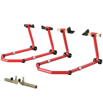 Universal Motorcycle Lift Stand 390 kg Load Combo Front and Rear Wheel Support Motorcycle with Adjustable U and L Fork Adapters and Wheels for Repair and Maintenance