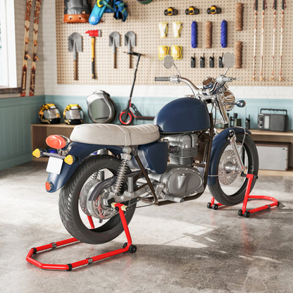 Universal Motorcycle Lift Stand 390 kg Load Combo Front and Rear Wheel Support Motorcycle with Adjustable U and L Fork Adapters and Wheels for Repair and Maintenance