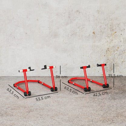 Universal Motorcycle Lift Stand 390 kg Load Combo Front and Rear Wheel Support Motorcycle with Adjustable U and L Fork Adapters and Wheels for Repair and Maintenance