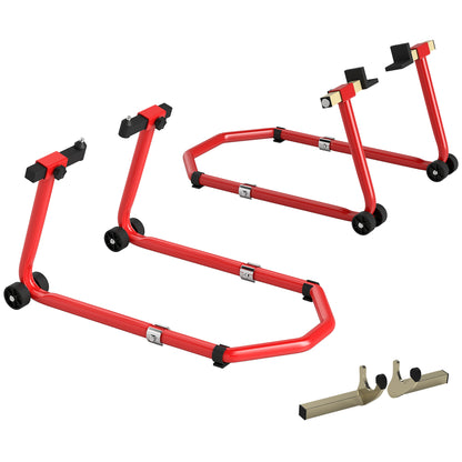Universal Motorcycle Lift Stand 390 kg Load Combo Front and Rear Wheel Support Motorcycle with Adjustable U and L Fork Adapters and Wheels for Repair and Maintenance