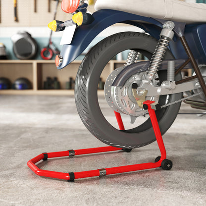 Universal Motorcycle Lift Stand 390 kg Load Combo Front and Rear Wheel Support Motorcycle with Adjustable U and L Fork Adapters and Wheels for Repair and Maintenance