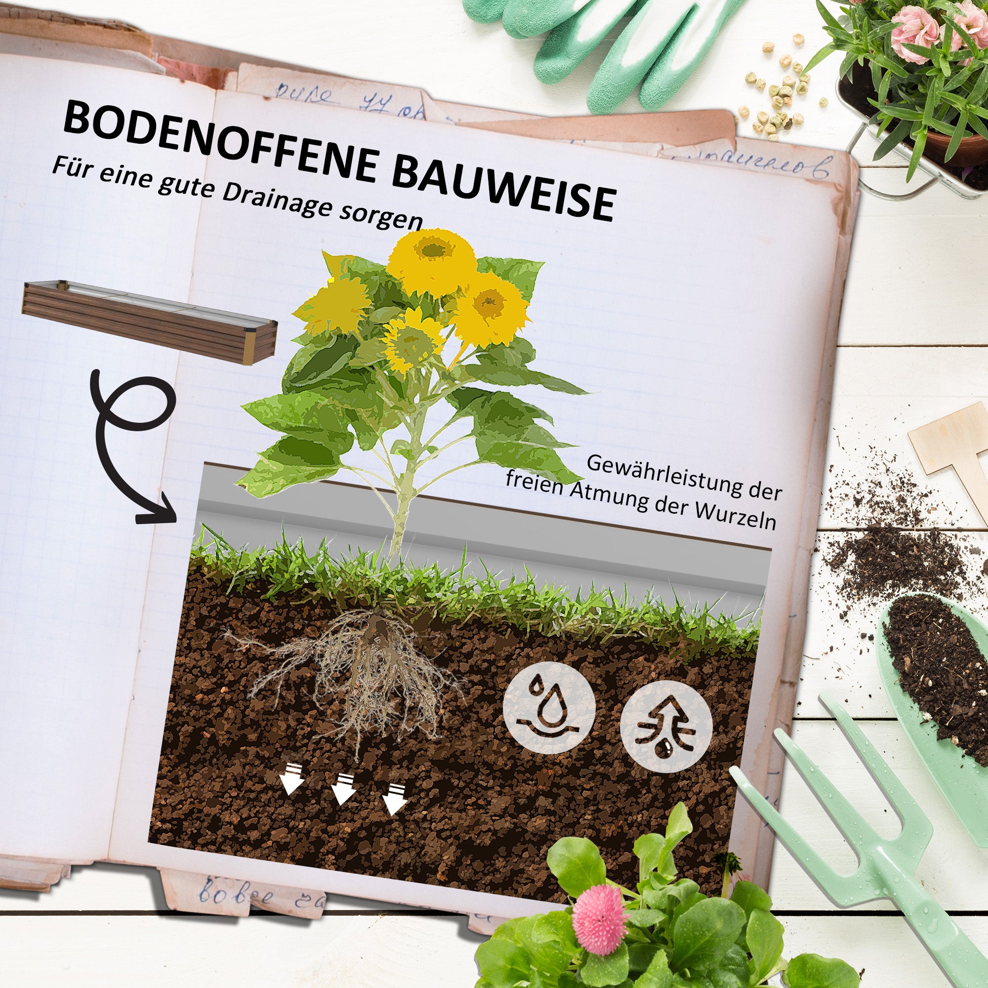 Steel Raised Bed, Planter Box with Open Bottom, Flower Box with Wood Design, Vegetable Bed, Herb Bed for Balcony, Garden, Dark Brown, 240 x 60 x 30 cm