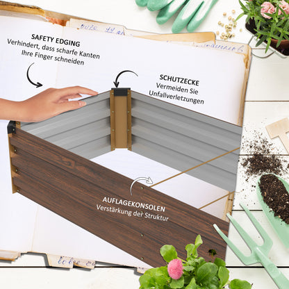 Steel Raised Bed, Planter Box with Open Bottom, Flower Box with Wood Design, Vegetable Bed, Herb Bed for Balcony, Garden, Dark Brown, 240 x 60 x 30 cm