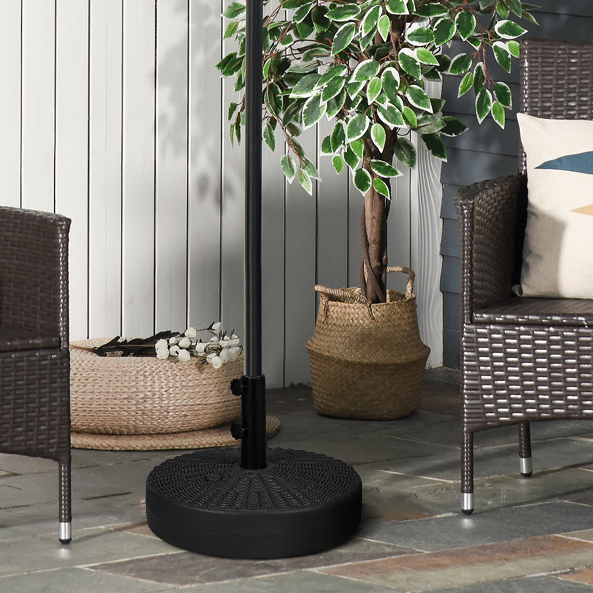 Round Umbrella Base Stand for Umbrella Pole Ø38/48 mm Fillable with 22 kg Water and 29 kg Sand Rattan Imitation Surface Ø51x36 cm Black