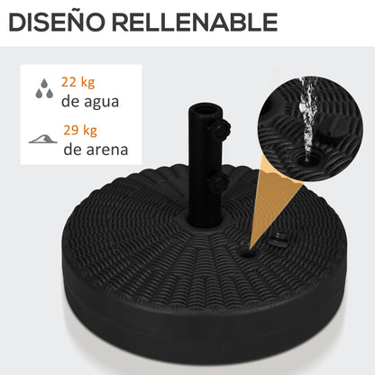 Round Umbrella Base Stand for Umbrella Pole Ø38/48 mm Fillable with 22 kg Water and 29 kg Sand Rattan Imitation Surface Ø51x36 cm Black