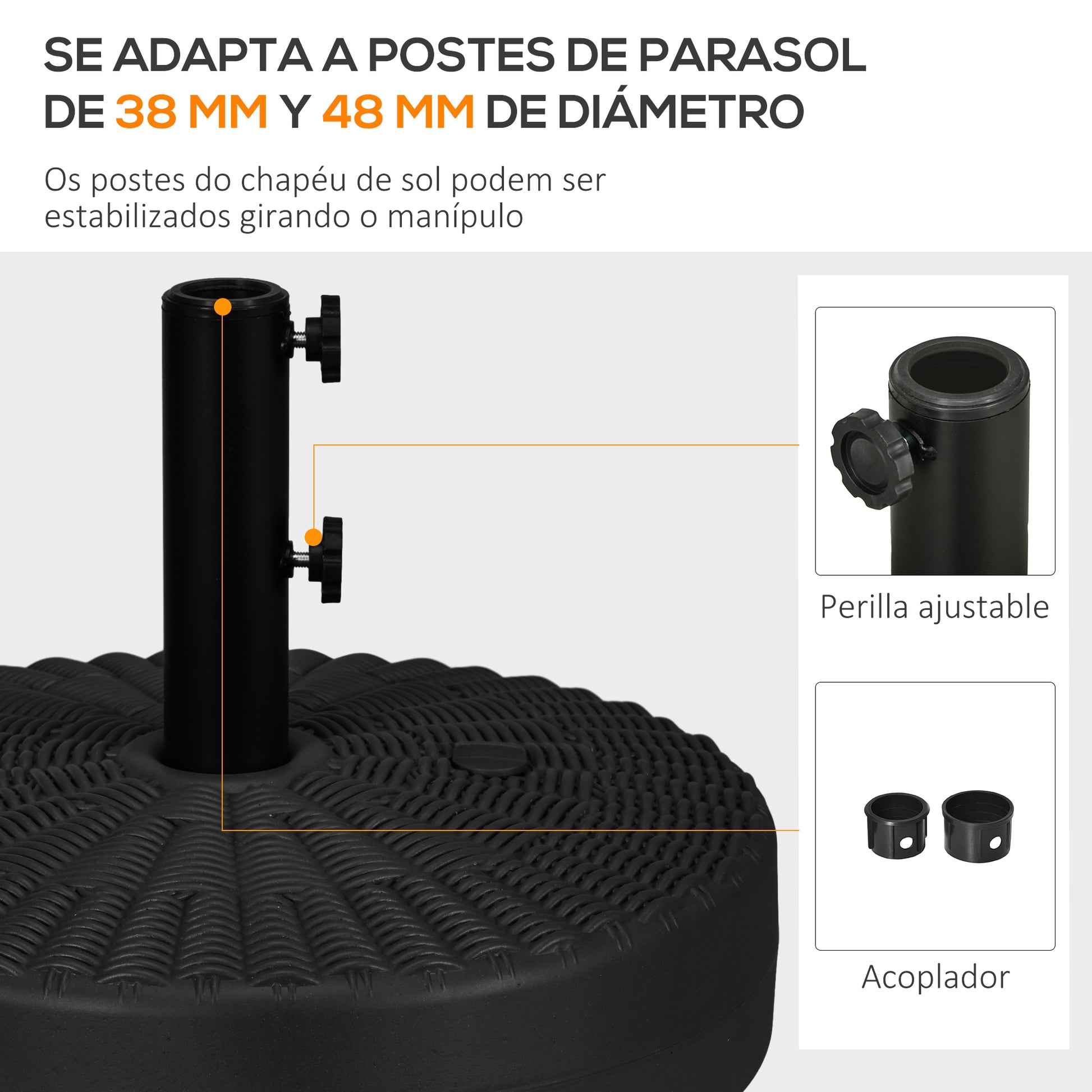Round Umbrella Base Stand for Umbrella Pole Ø38/48 mm Fillable with 22 kg Water and 29 kg Sand Rattan Imitation Surface Ø51x36 cm Black