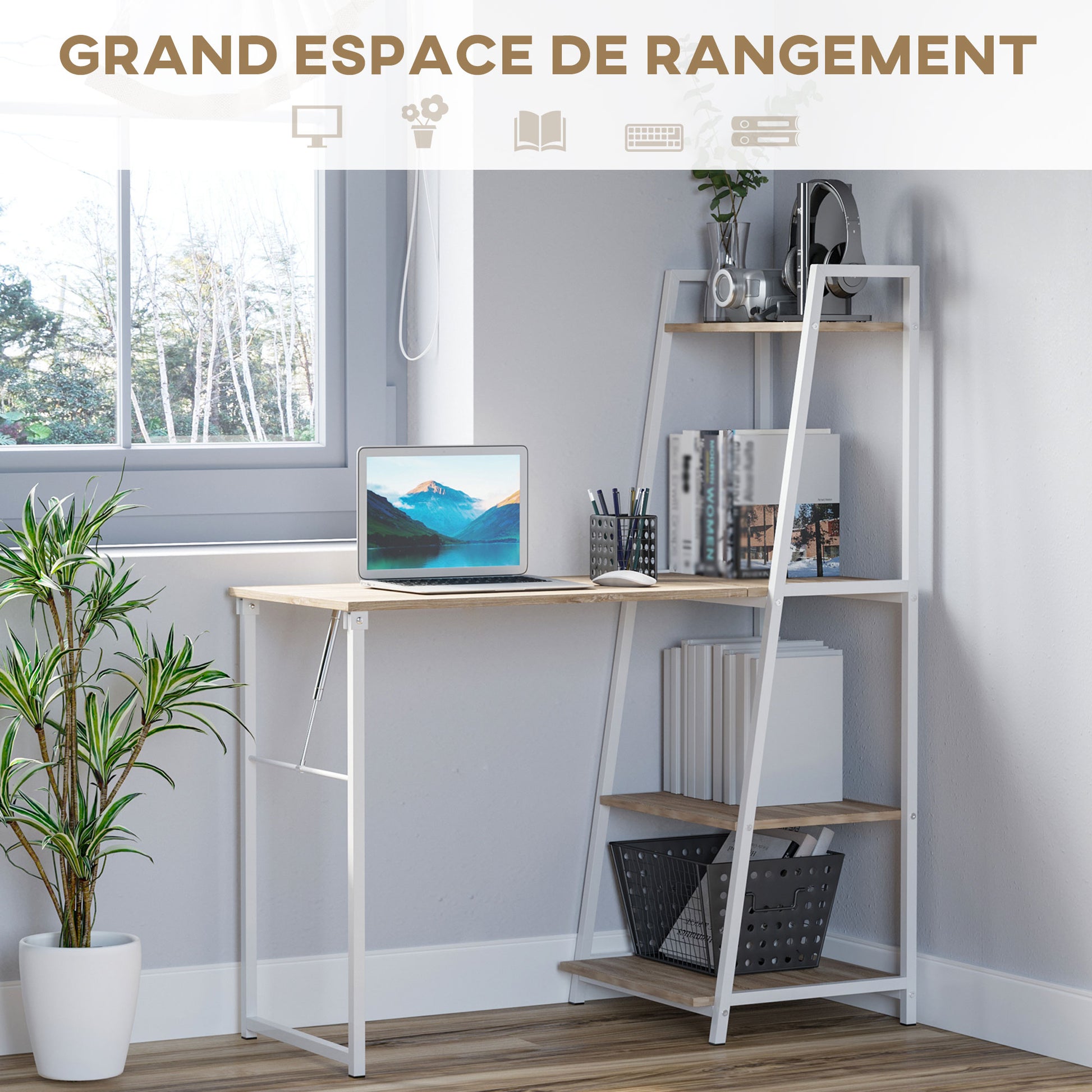 Foldable Foldable Folding Desk - 2-in-1 desk with shelves - Light Oak Wood White Metal