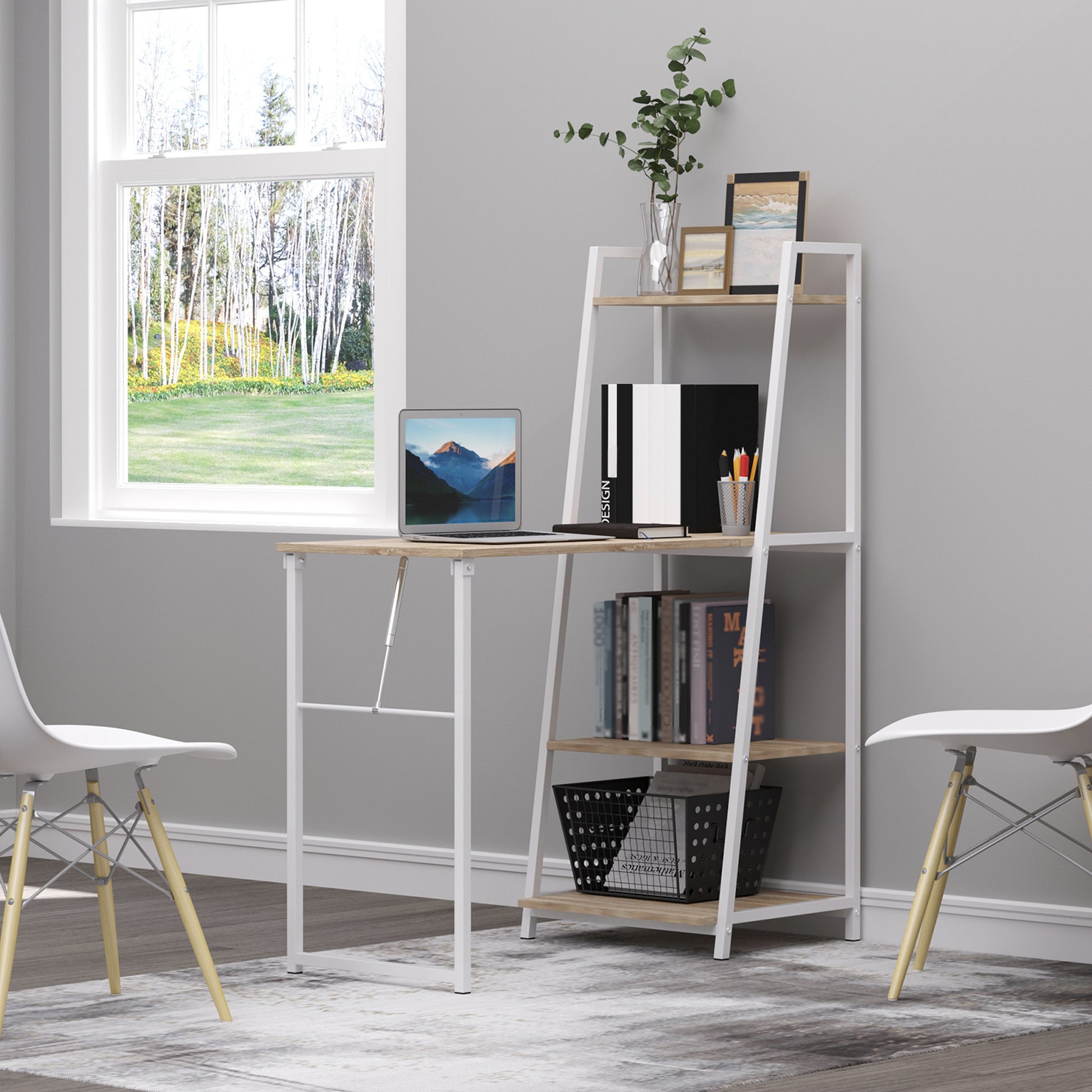 Foldable Foldable Folding Desk - 2-in-1 desk with shelves - Light Oak Wood White Metal