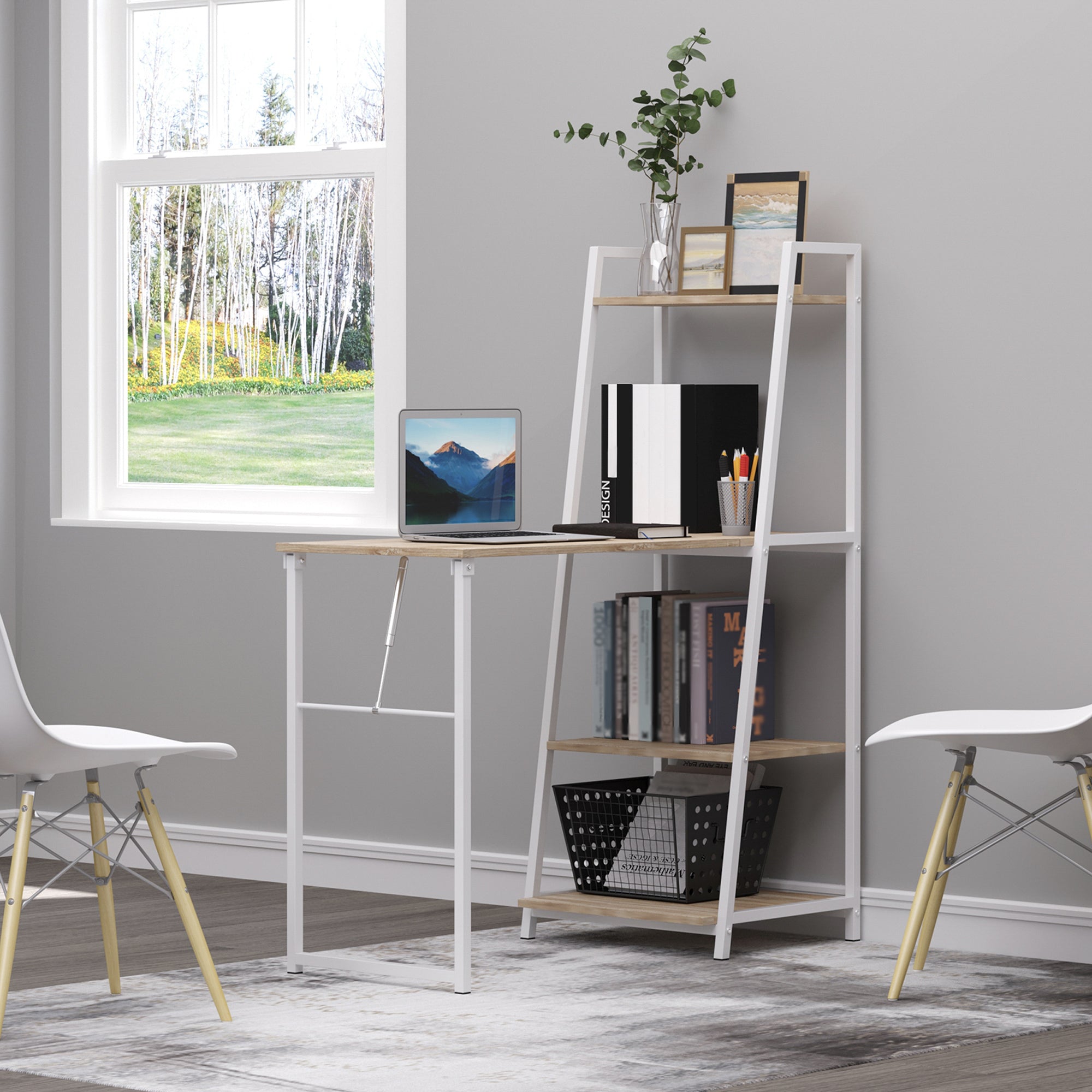 Foldable Foldable Folding Desk - 2-in-1 desk with shelves - Light Oak Wood White Metal