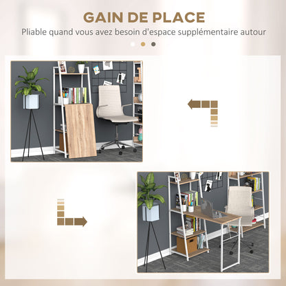 Foldable Foldable Folding Desk - 2-in-1 desk with shelves - Light Oak Wood White Metal