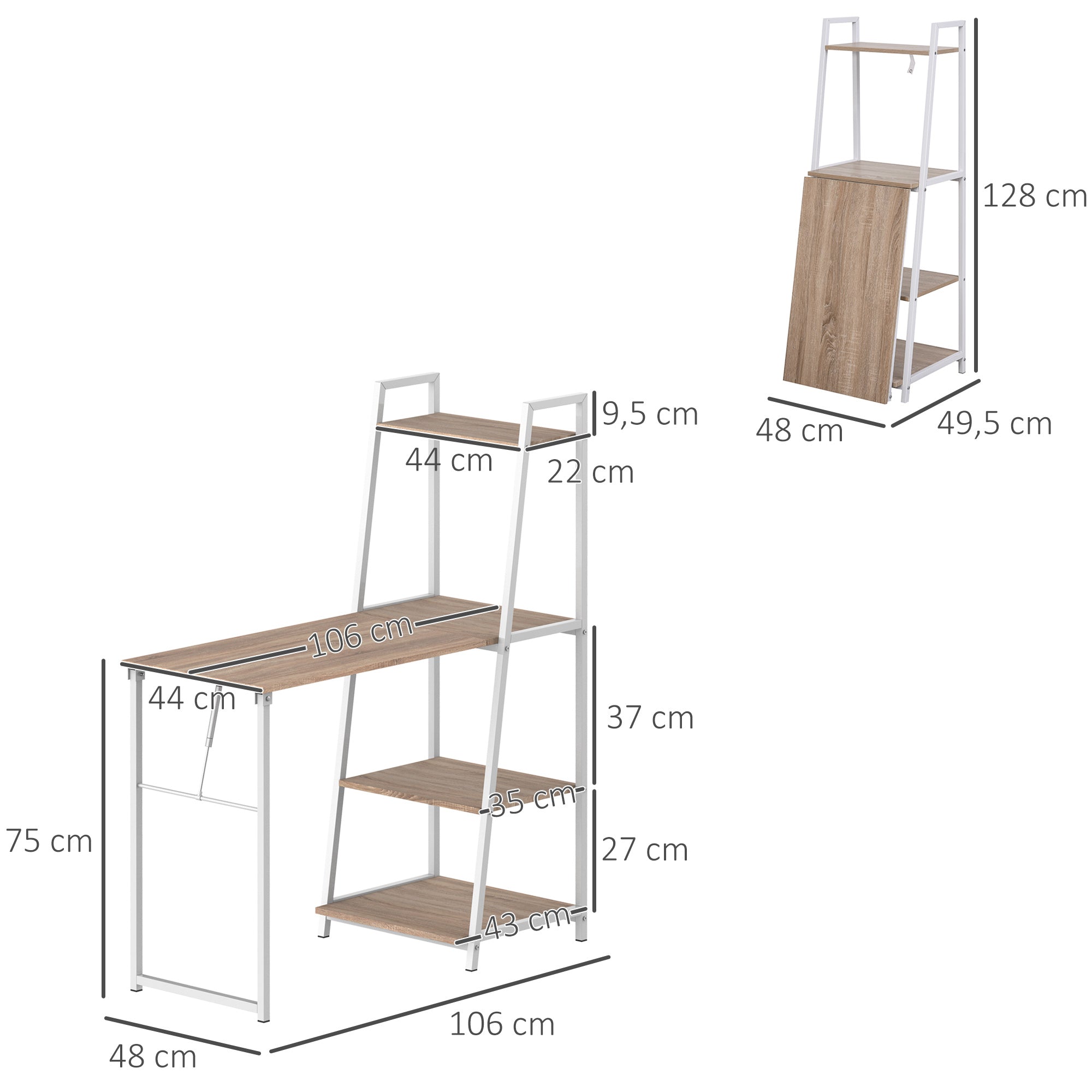 Foldable Foldable Folding Desk - 2-in-1 desk with shelves - Light Oak Wood White Metal