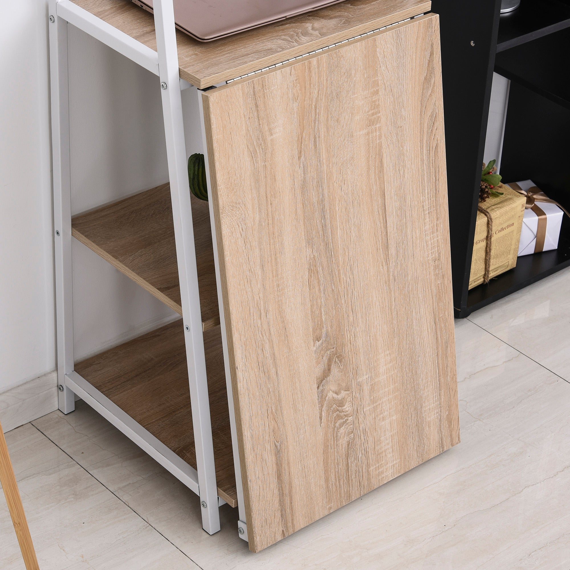 Foldable Foldable Folding Desk - 2-in-1 desk with shelves - Light Oak Wood White Metal