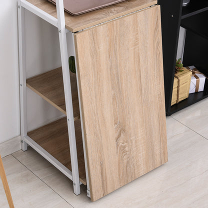 Foldable Foldable Folding Desk - 2-in-1 desk with shelves - Light Oak Wood White Metal