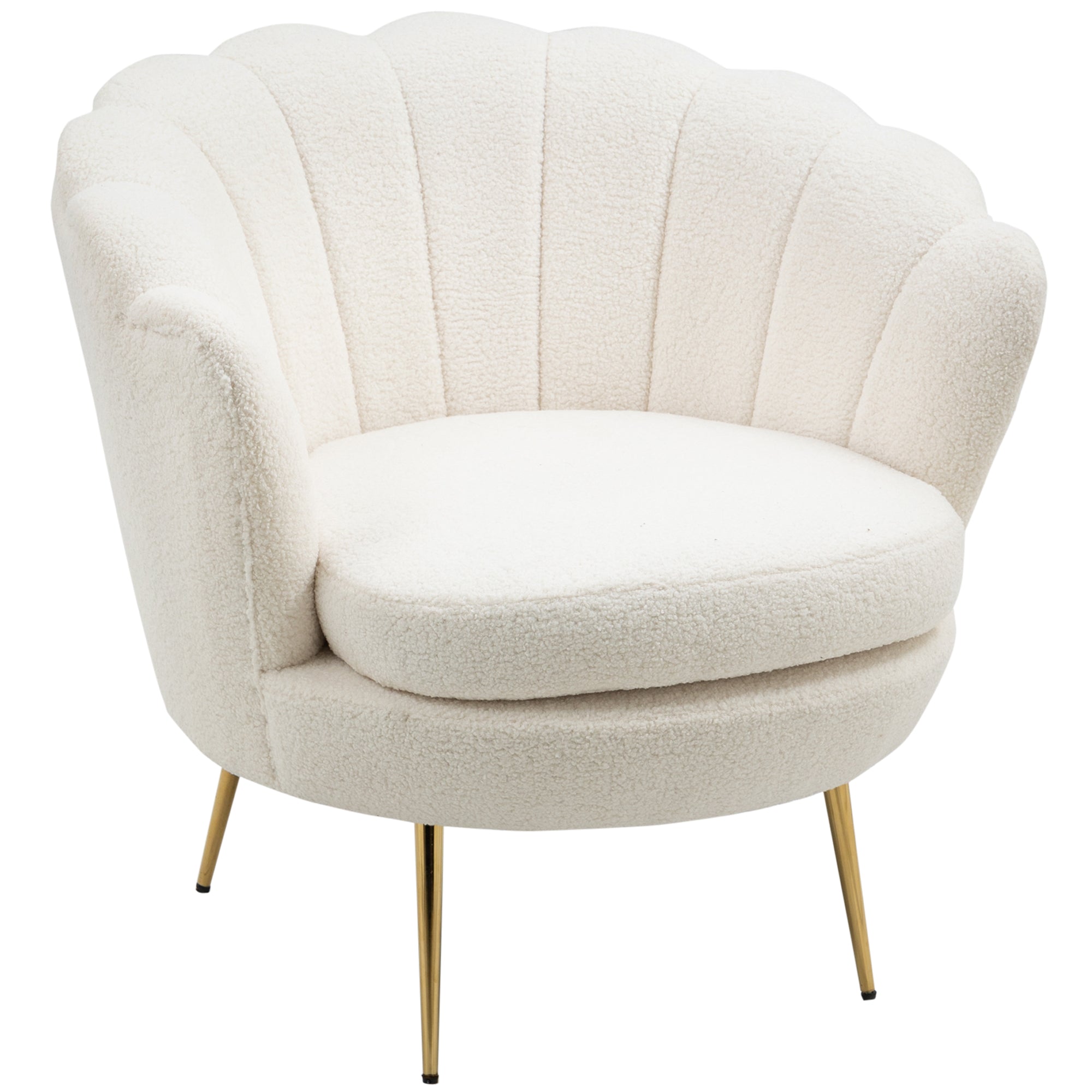 Shell-Shaped Upholstered Armchair, Relax Armchair with Metal Legs, Makeup Chair with Fleece Optics, for Bedroom Living Room, White