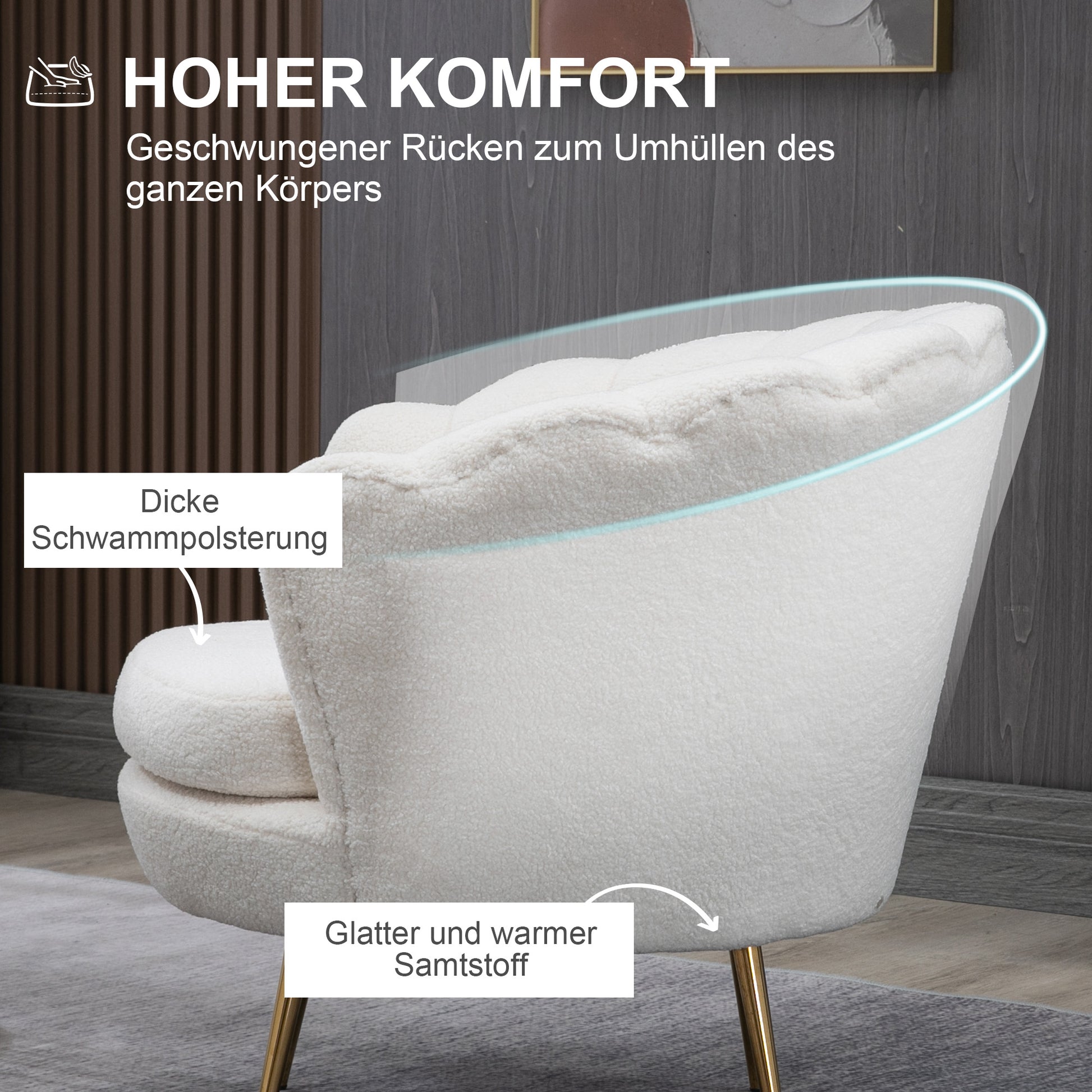 Shell-Shaped Upholstered Armchair, Relax Armchair with Metal Legs, Makeup Chair with Fleece Optics, for Bedroom Living Room, White