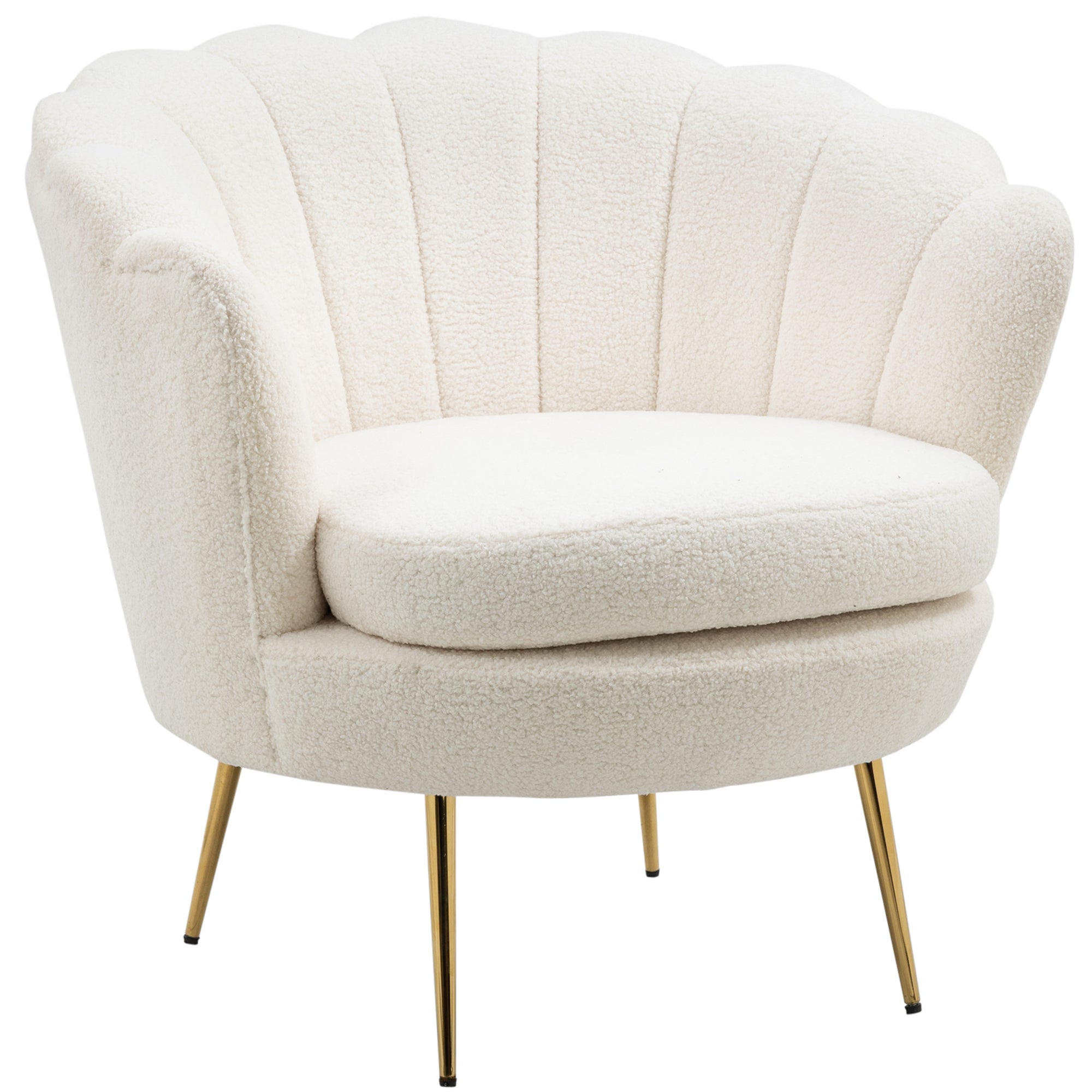 Shell-Shaped Upholstered Armchair, Relax Armchair with Metal Legs, Makeup Chair with Fleece Optics, for Bedroom Living Room, White