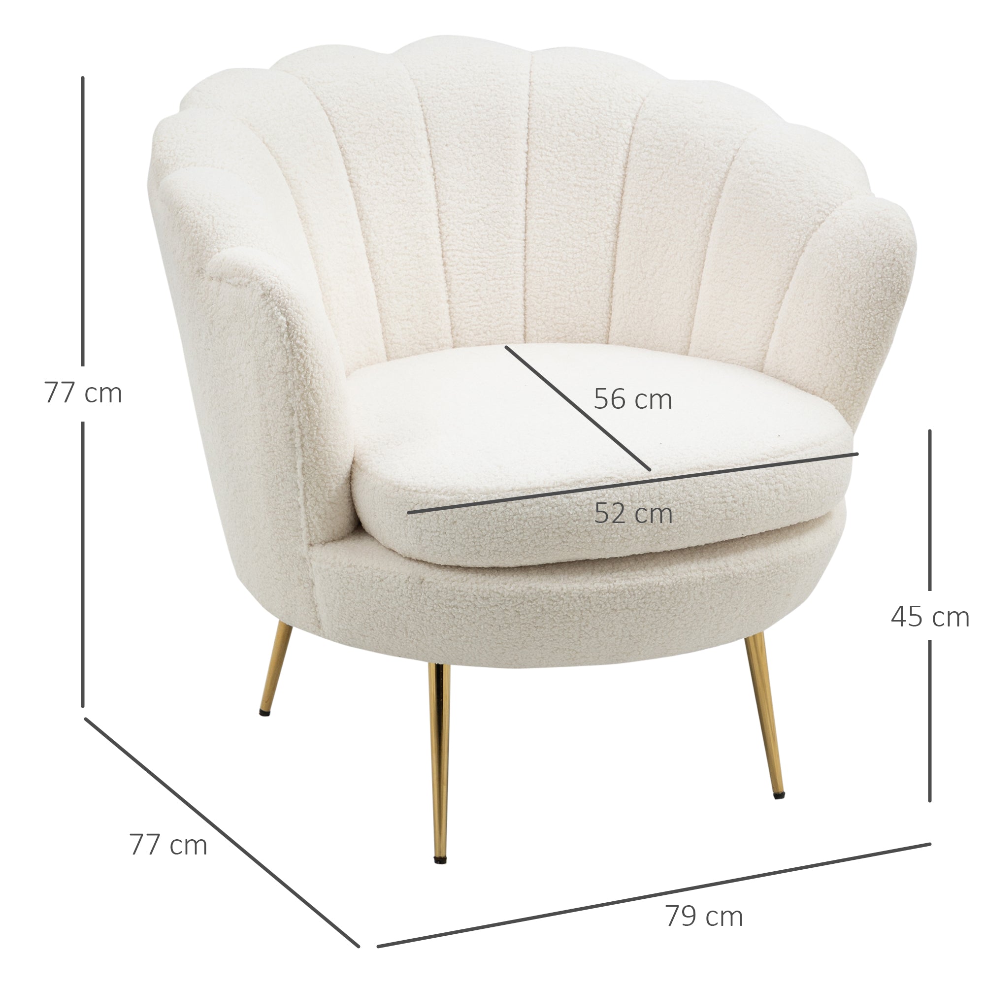 Shell-Shaped Upholstered Armchair, Relax Armchair with Metal Legs, Makeup Chair with Fleece Optics, for Bedroom Living Room, White
