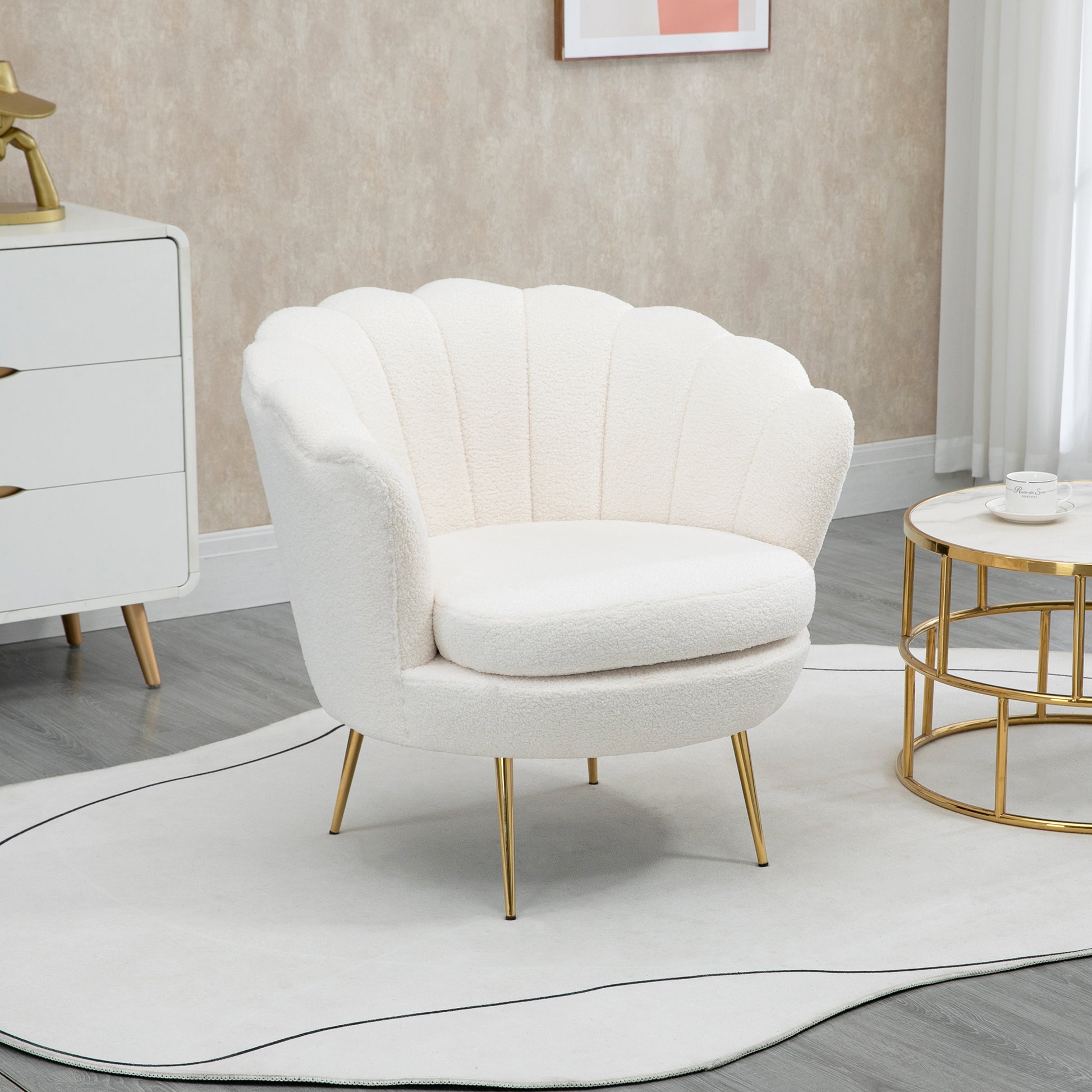 Shell-Shaped Upholstered Armchair, Relax Armchair with Metal Legs, Makeup Chair with Fleece Optics, for Bedroom Living Room, White