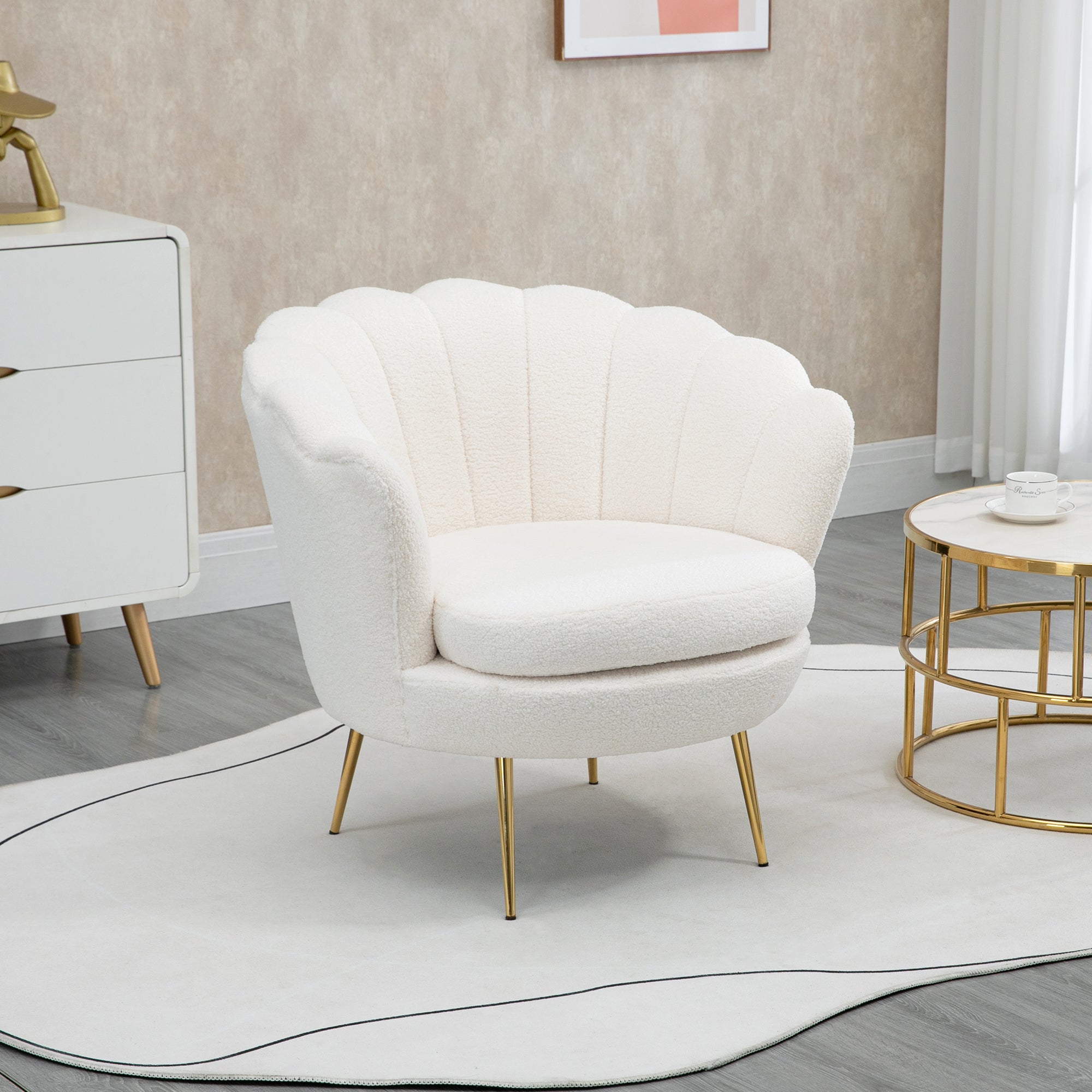 Shell-Shaped Upholstered Armchair, Relax Armchair with Metal Legs, Makeup Chair with Fleece Optics, for Bedroom Living Room, White