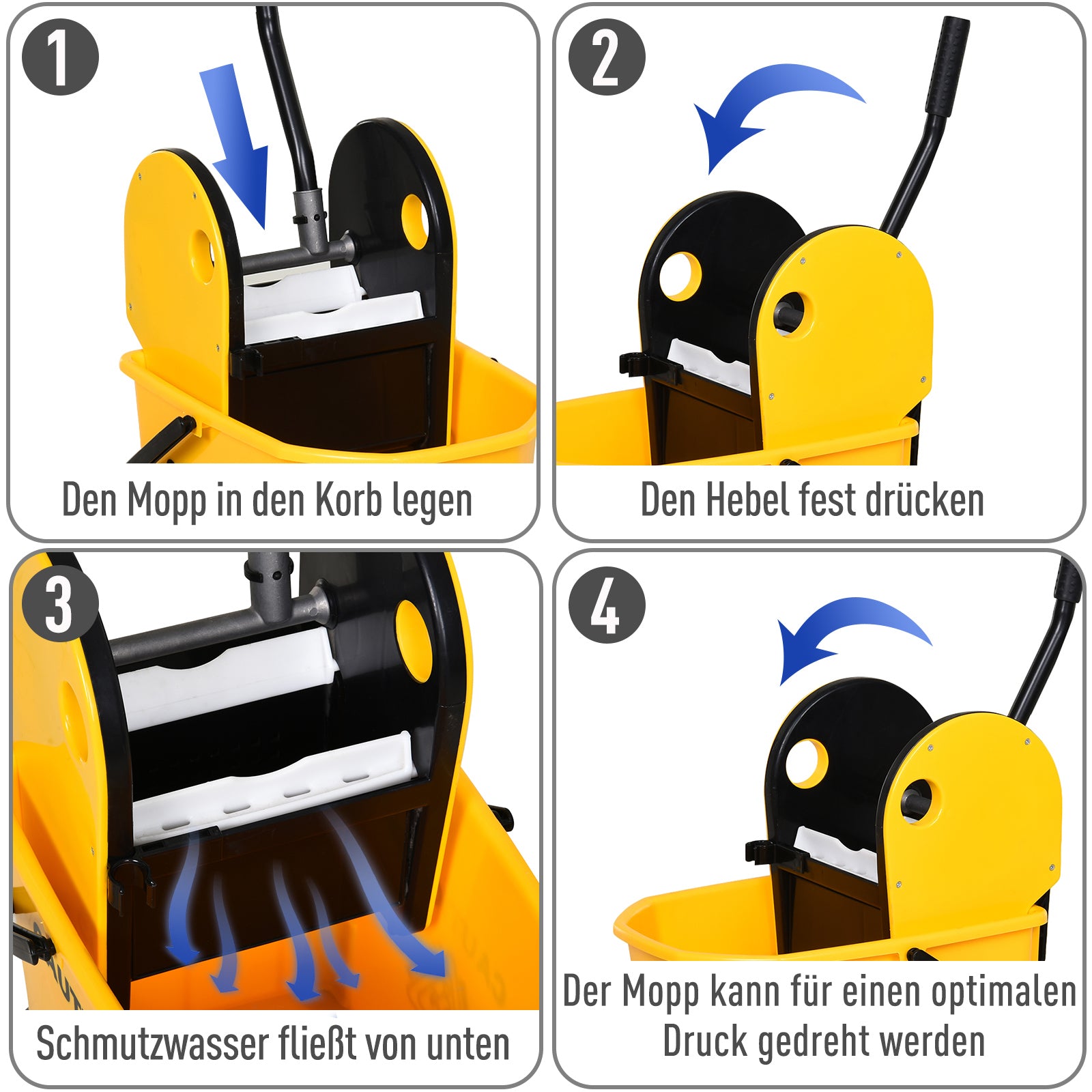 Cleaning Trolley Bucket with Wringer 26 Liters, Yellow, 44cm x 36cm x 90cm