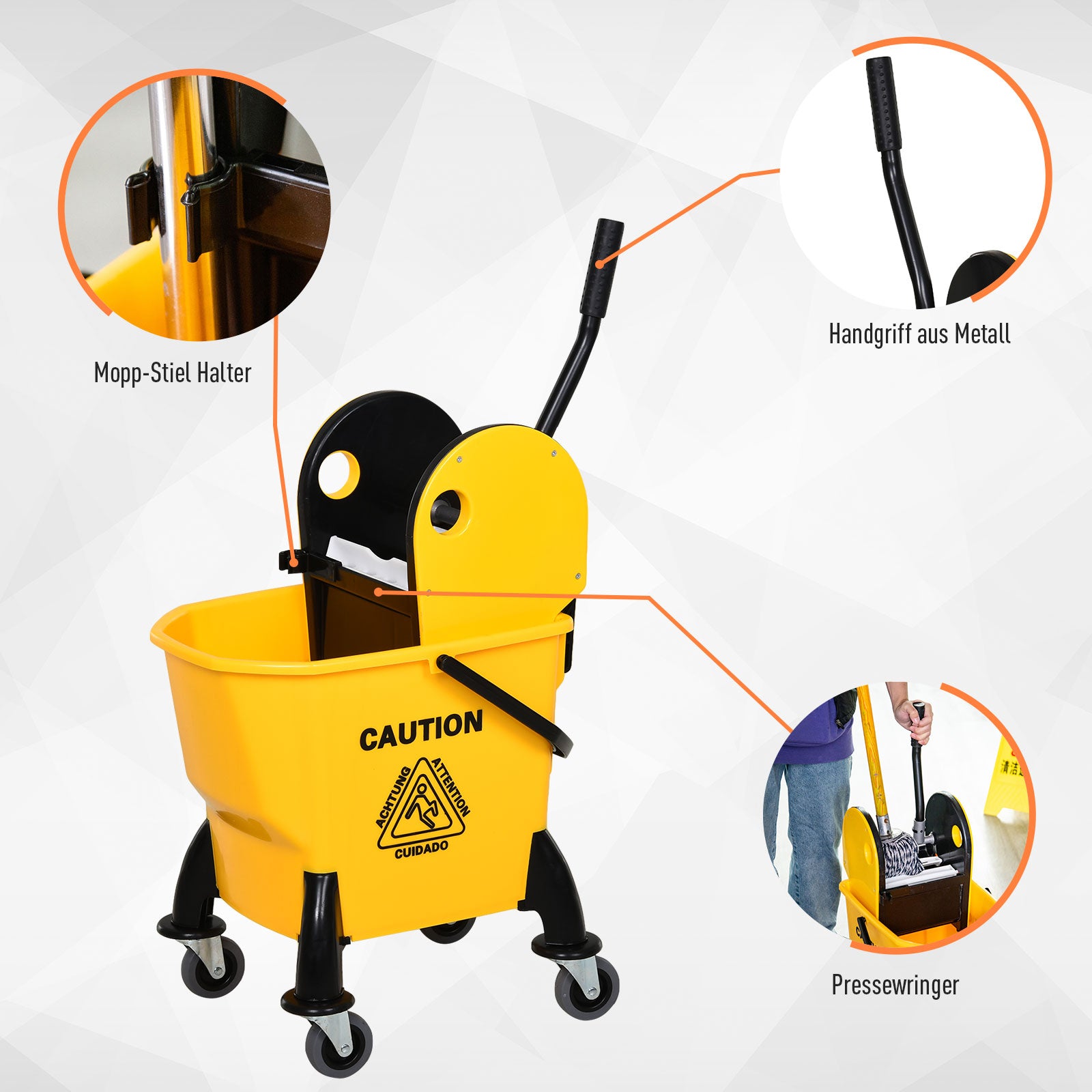 Cleaning Trolley Bucket with Wringer 26 Liters, Yellow, 44cm x 36cm x 90cm