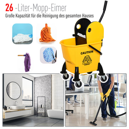 Cleaning Trolley Bucket with Wringer 26 Liters, Yellow, 44cm x 36cm x 90cm