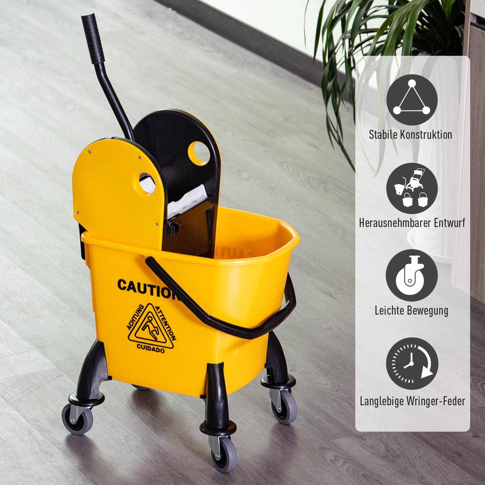 Cleaning Trolley Bucket with Wringer 26 Liters, Yellow, 44cm x 36cm x 90cm