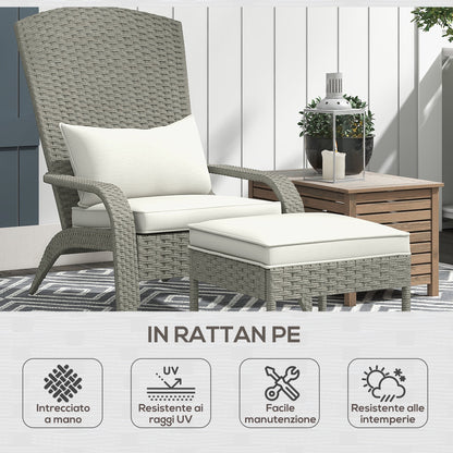 Garden Chair with Footrest, Armrests, and Padded Cushions, Adirondack Chair in Rattan and Steel, 64x82x89 cm, Gray and Cream White