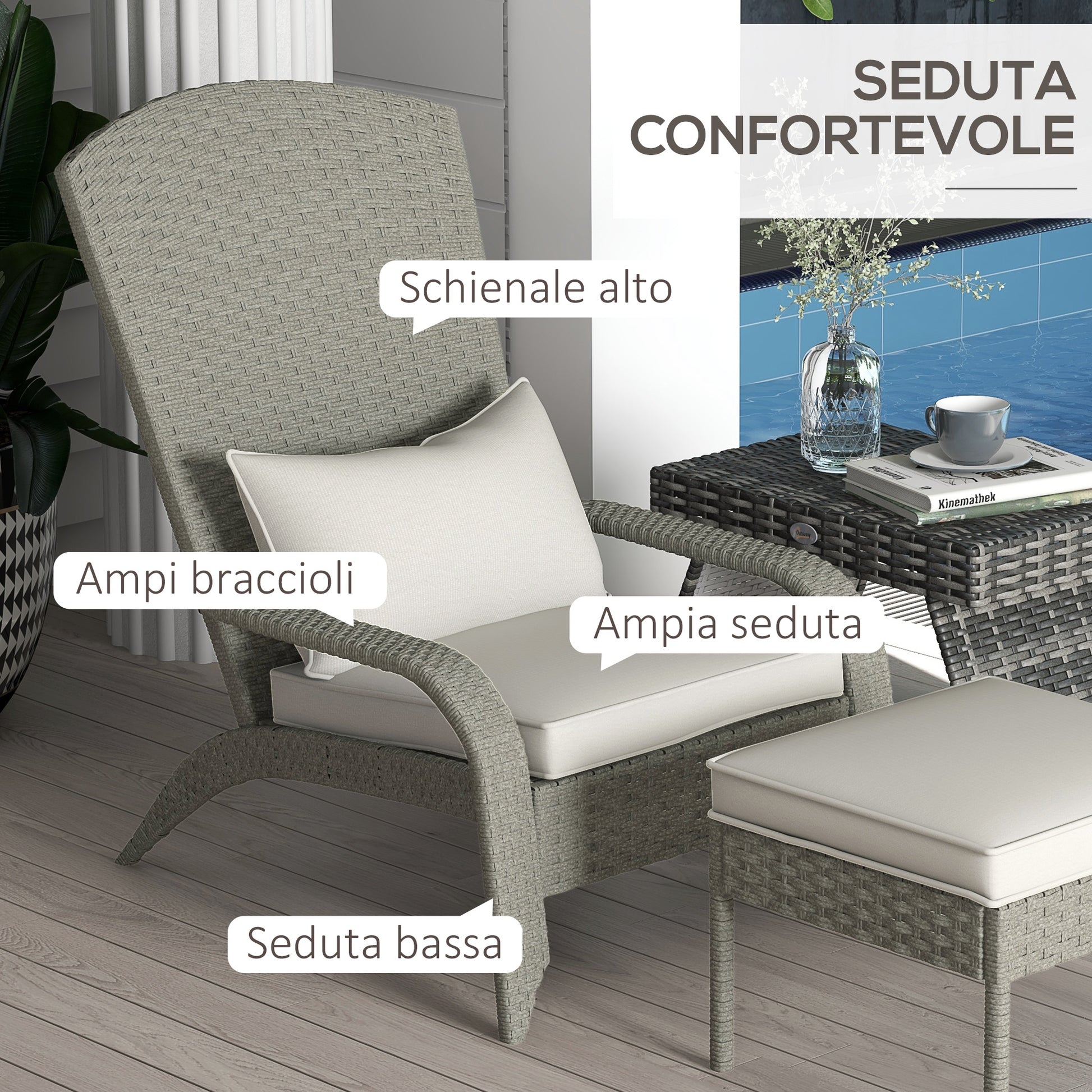 Garden Chair with Footrest, Armrests, and Padded Cushions, Adirondack Chair in Rattan and Steel, 64x82x89 cm, Gray and Cream White